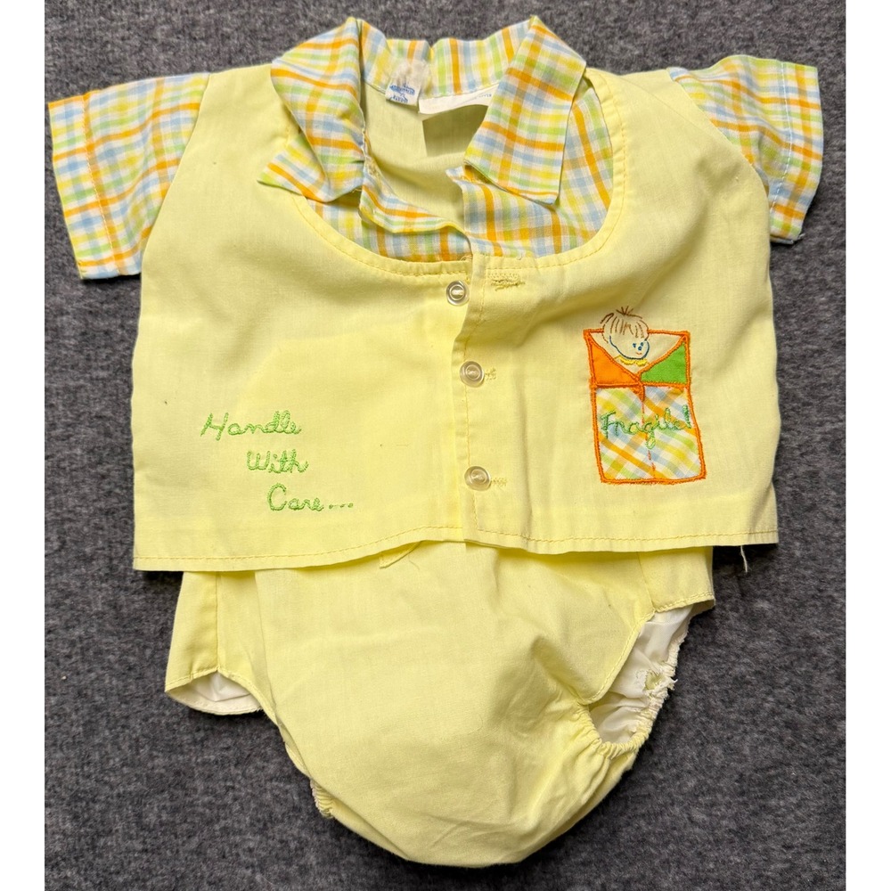 Vintage Cotton Candy Baby Boy Yellow Plaid Handle With Care Diaper Cover Set 3M